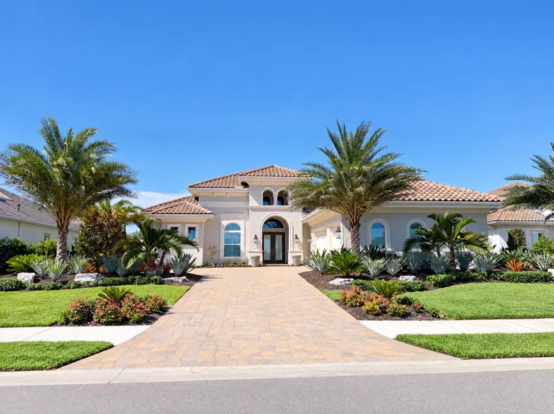 Paver driveway entry: palms and planting beds