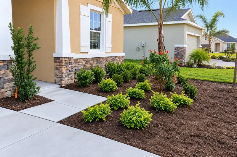 New shrub planting: new shrubs and fresh mulch