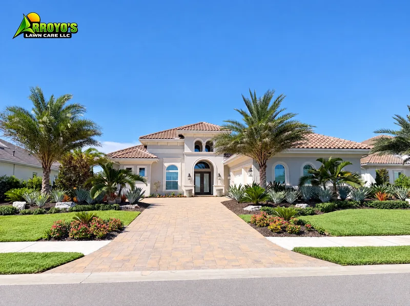 Paver driveway entry: palms and planting beds