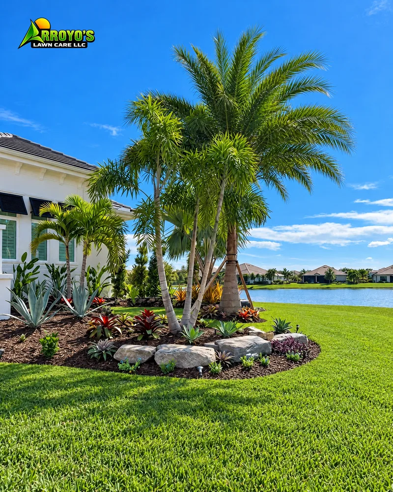 Lakeside palm bed: palm cluster with boulders and agave