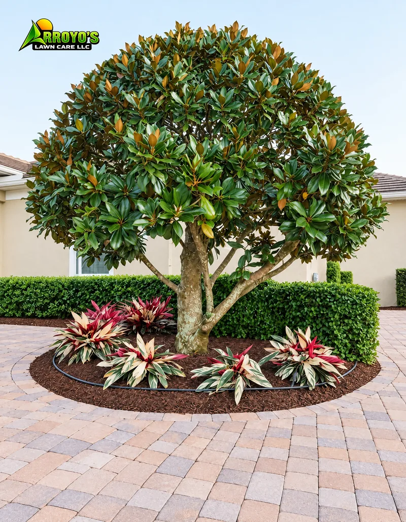 Specimen tree island: bromeliads and fresh mulch