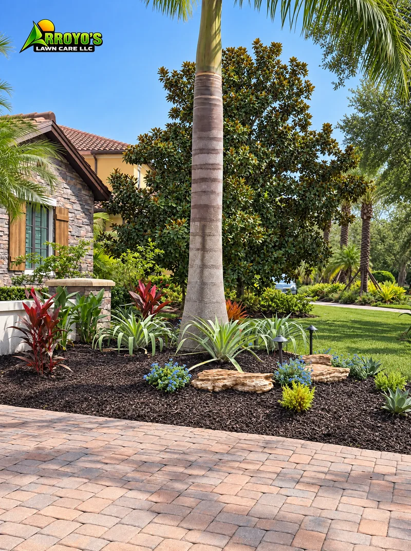 Driveway-side bed: palm, ti plants, and boulders